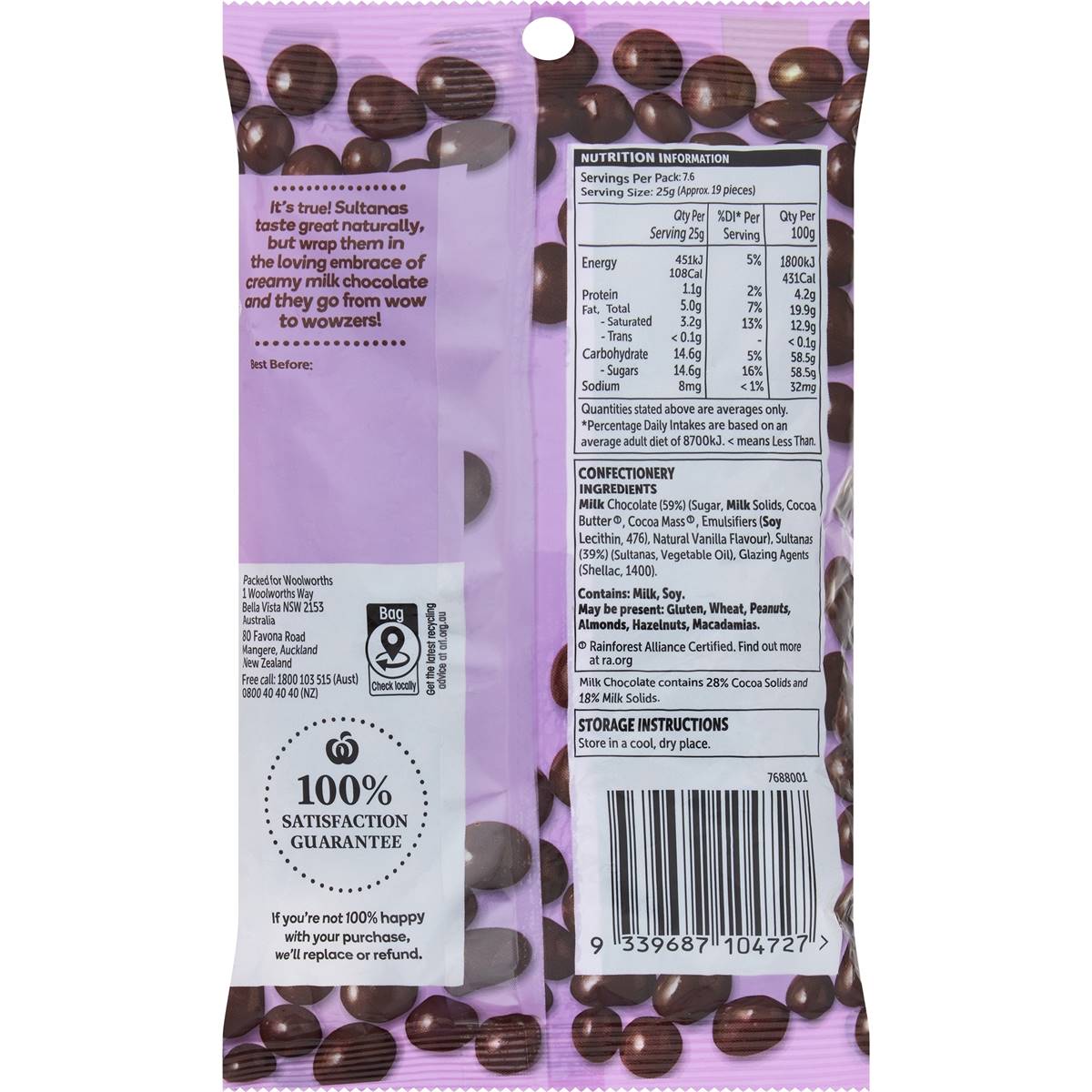 Woolworths Milk Chocolate Sultanas 190g Woolworths