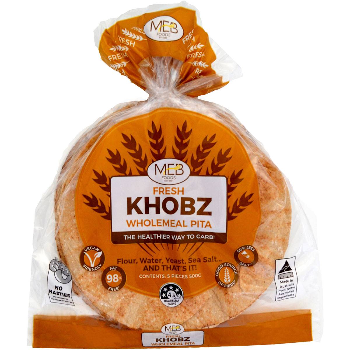 Meb Foods Middle East Lebanese Bread Khobz Wholemeal Round G