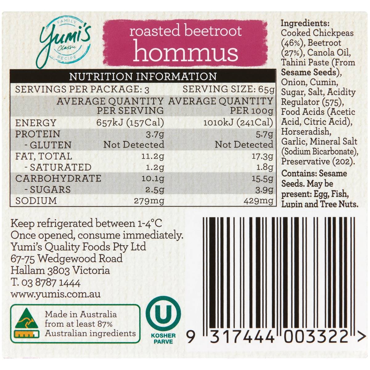 Yumi S Roasted Beetroot Hommus Dip 65g X3 Pack Woolworths