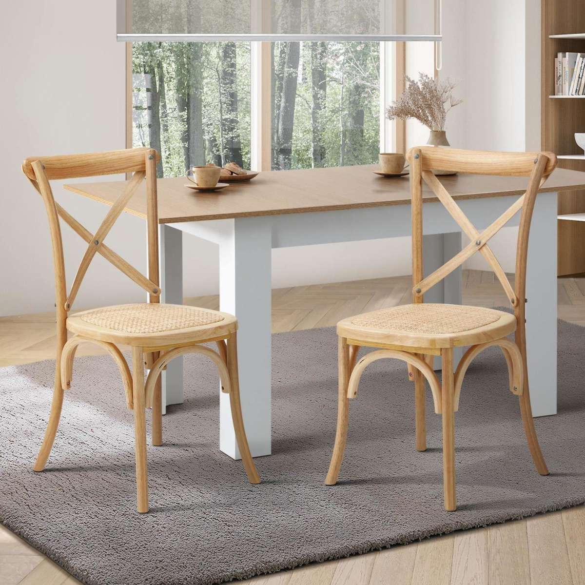 Oikiture Pcs Crossback Dining Chair Solid Birch Timber Wood Ratan Seat