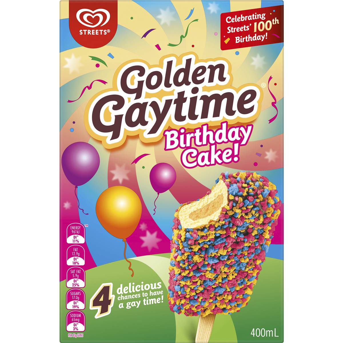 Golden Gaytime Streets Birthday Cake Ice Cream Sticks 100ml X 4 Pack