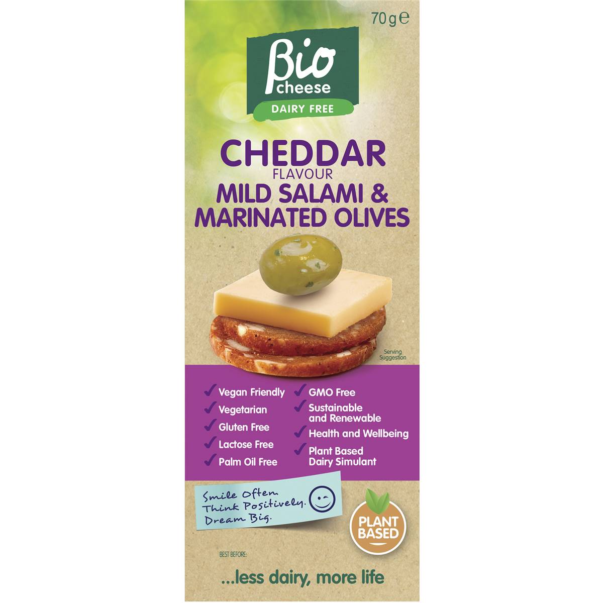 Bio Cheese Cheddar Flavour Mild Salami Marinated Olives 70g Woolworths