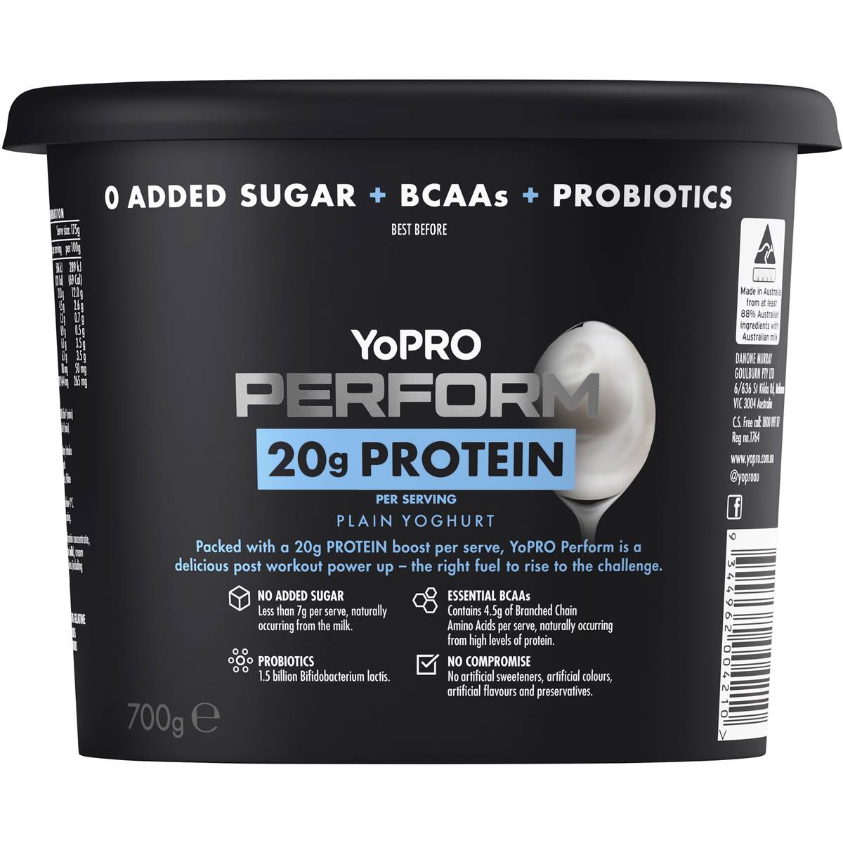 Yopro Perform High Protein Yoghurt No Added Sugar Plain 700g Woolworths