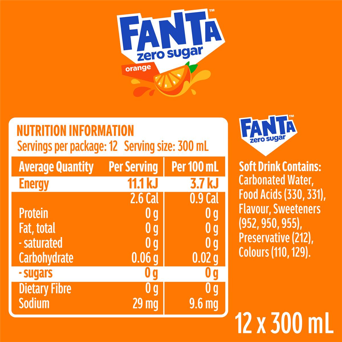 Fanta Orange Zero Sugar Soft Drink Bottles 300ml X 12 Pack Woolworths