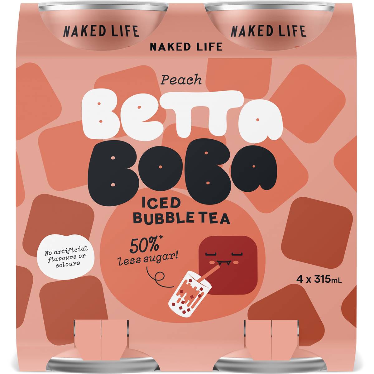 Naked Life Peach Betta Bobo Iced Bubble Tea Cans 315ml X4 Pack Woolworths