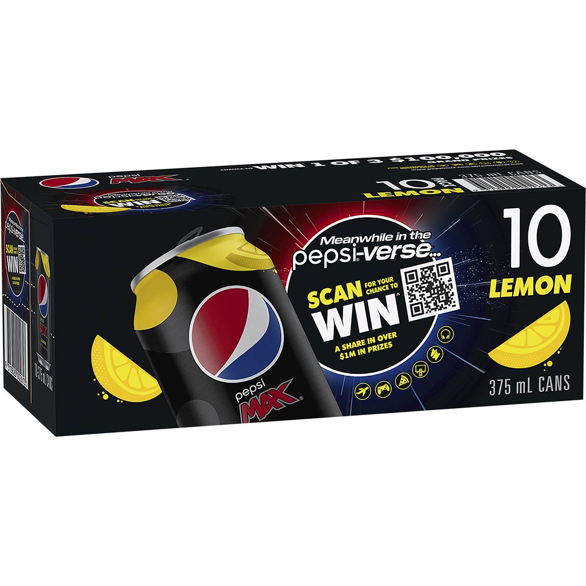 Pepsi Max No Sugar Lemon Cola Soft Drink Cans Multipack 375ml X 10 Pack