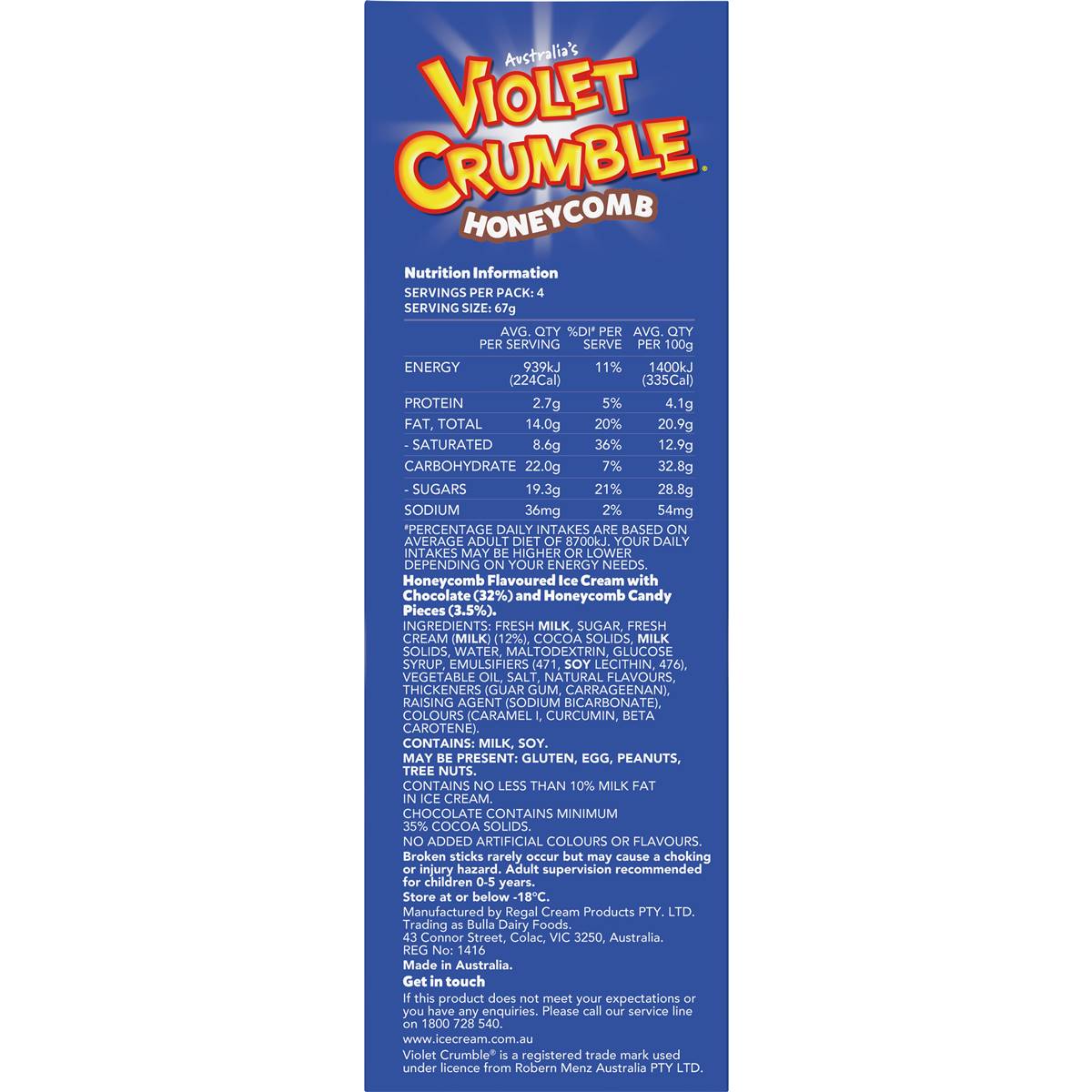 Violet Crumble Honeycomb Ice Cream 4 Pack Woolworths