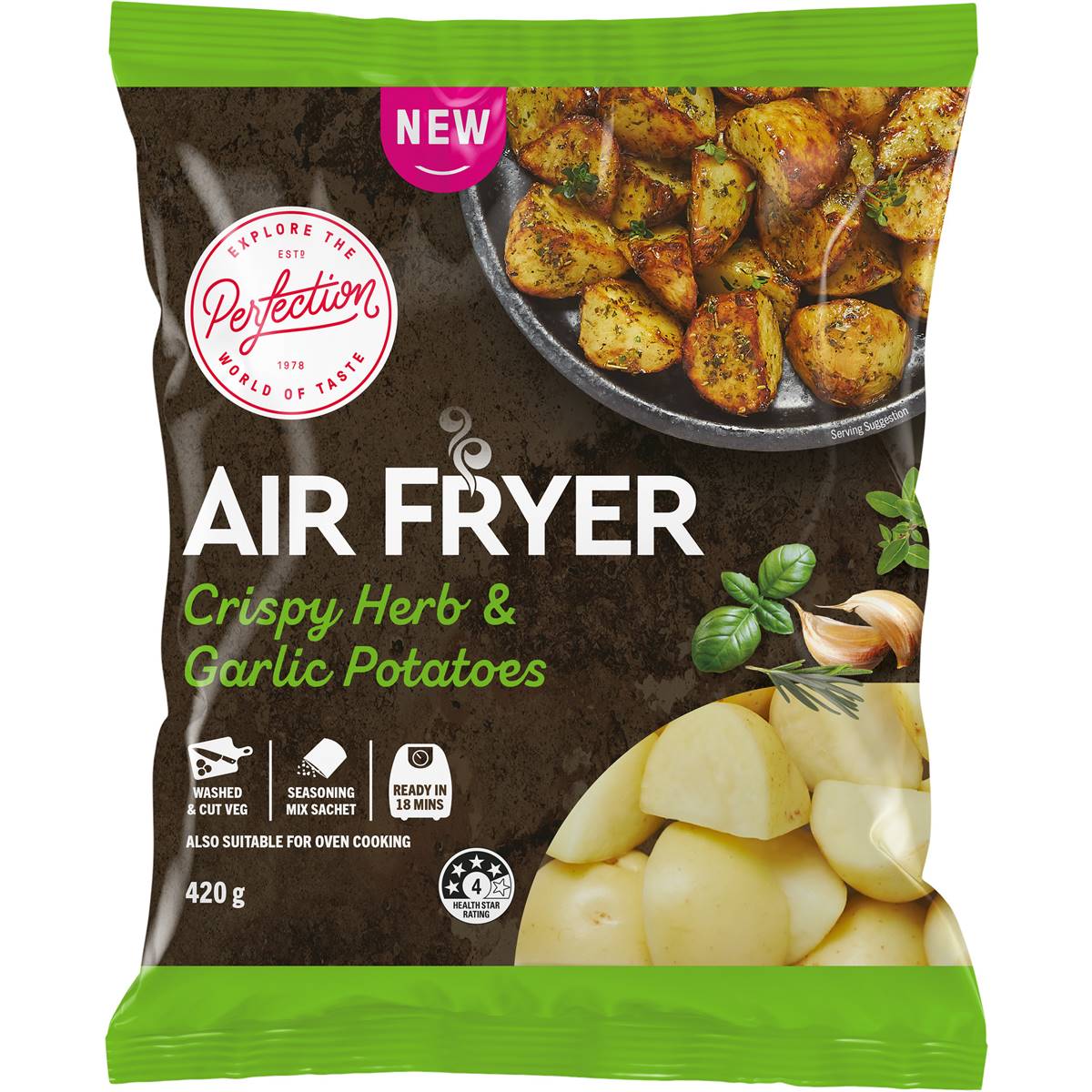 Perfection Air Fryer Crispy Herb Garlic Potatoes 420g Woolworths