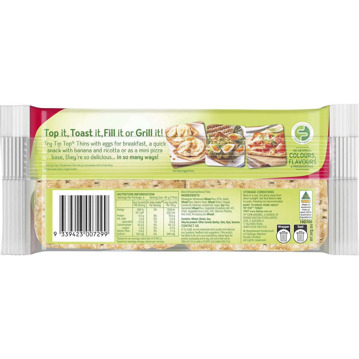 Tip Top Bakery Sandwich Thins Wholemeal Bread 6 Pack Woolworths