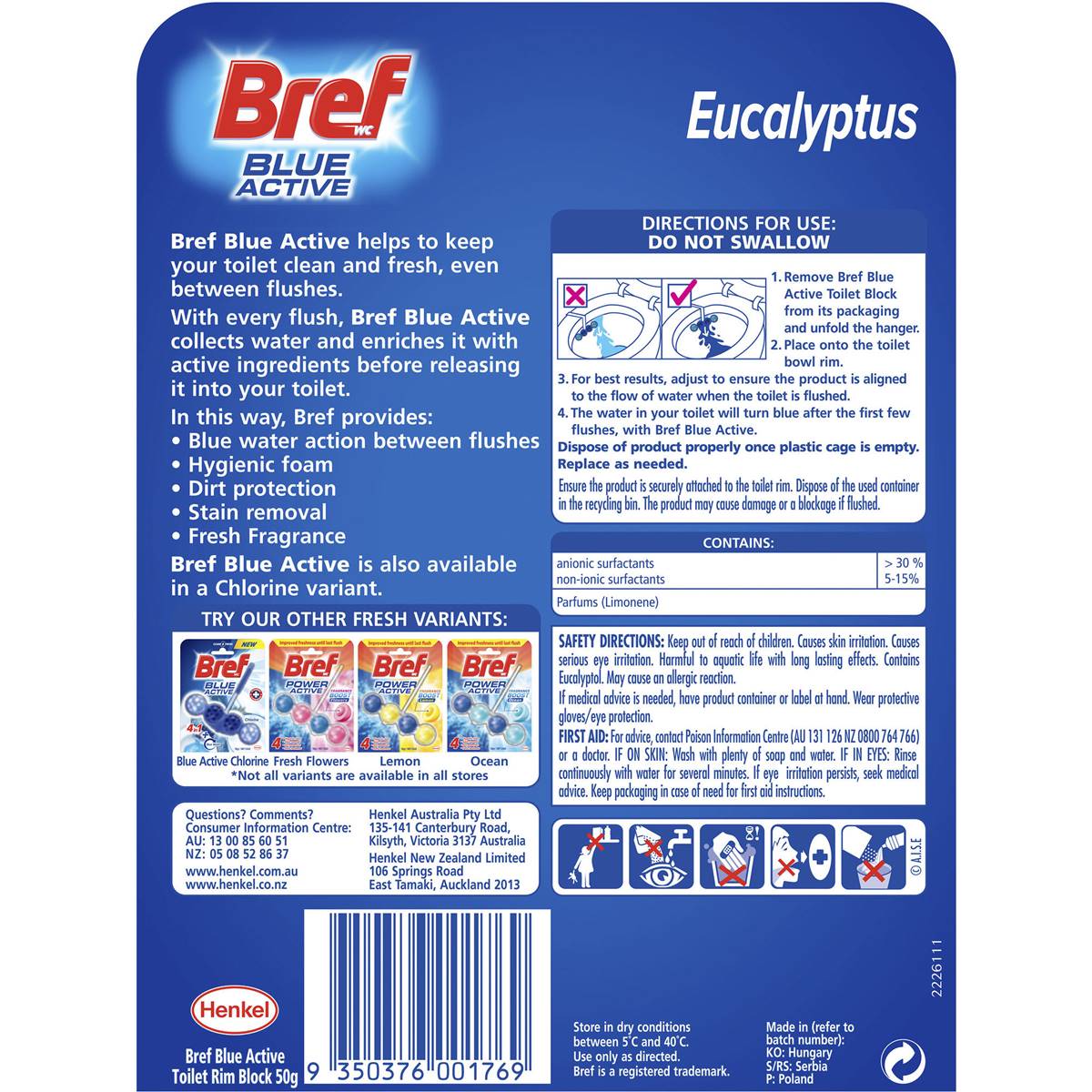 Bref Blue Active Toilet Cleaner Eucalyptus 50g Woolworths