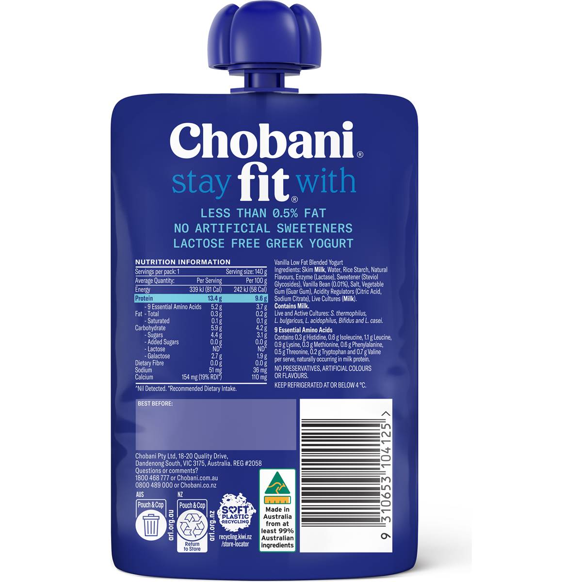 Chobani Fit Vanilla Greek Yoghurt Pouch 140g Woolworths