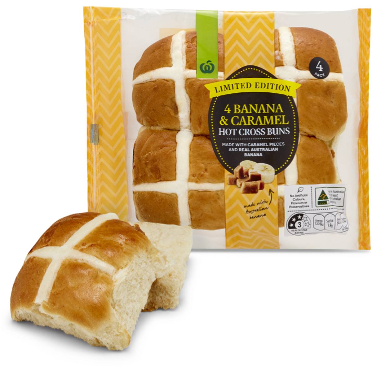 Ww Banana Caramel Hot Cross Buns Pk Woolworths