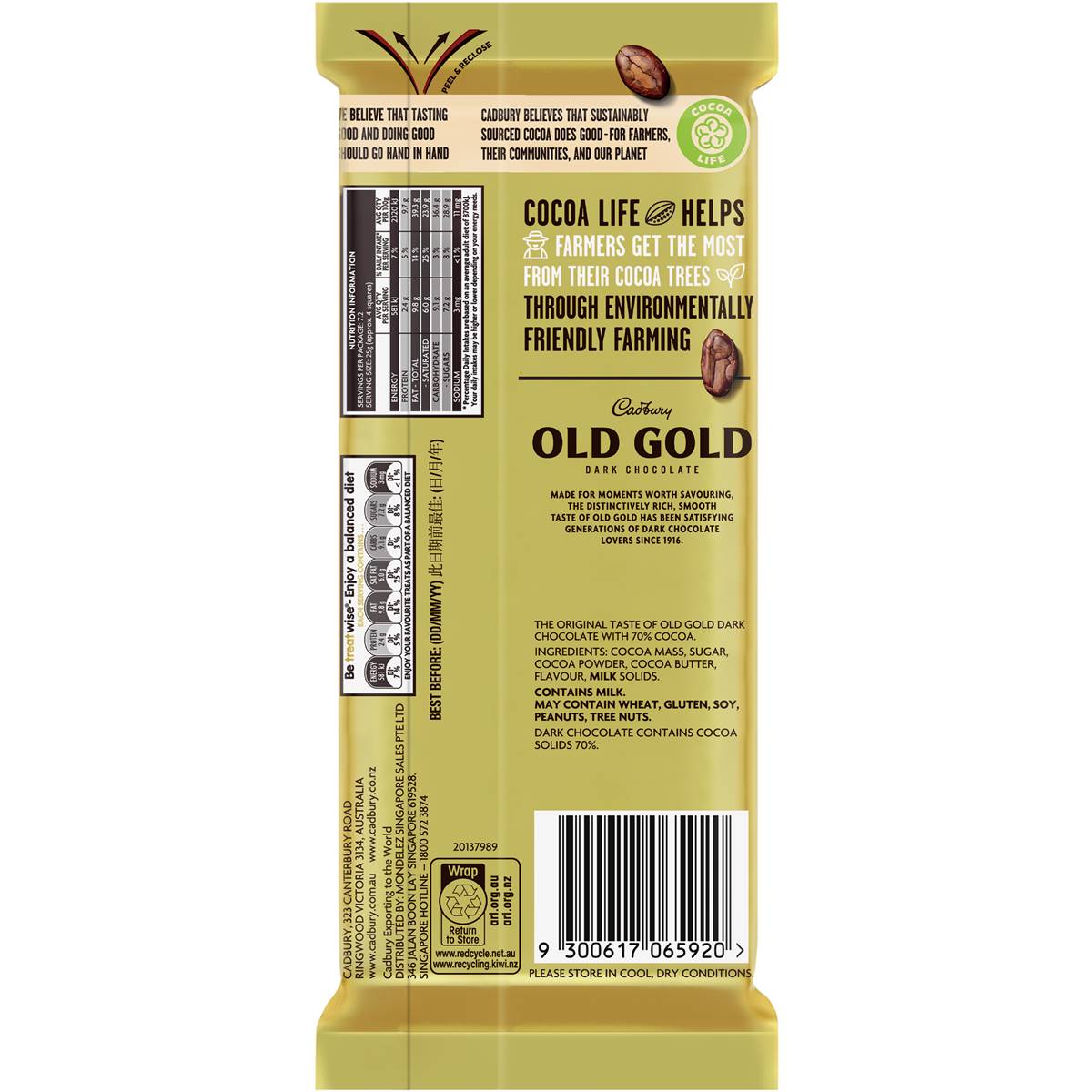 Cadbury Old Gold Dark 70 Cocoa Chocolate Block 180g Woolworths