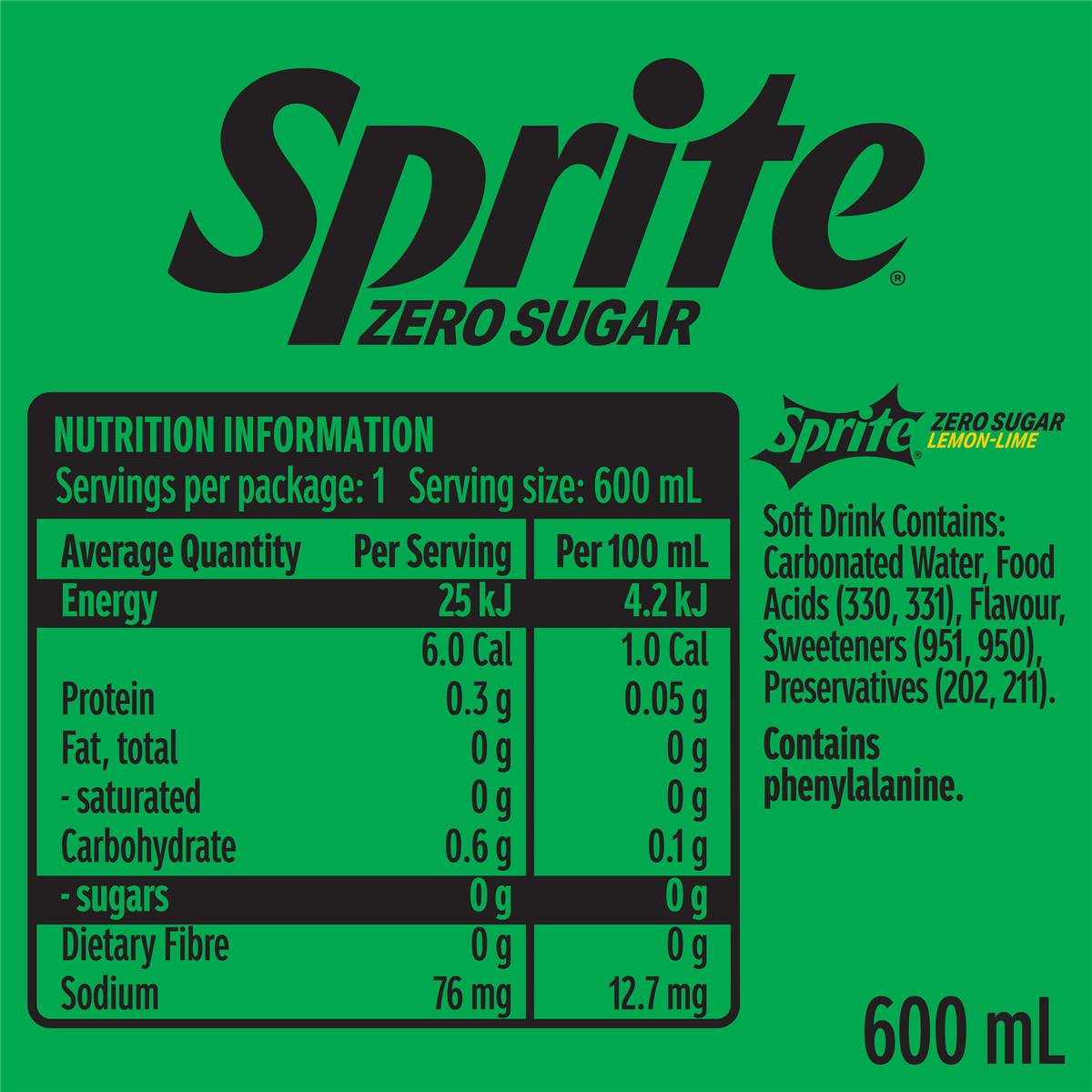 Sprite Zero Sugar Soft Drink Bottle 600ml Woolworths