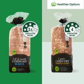 Healthier Options, images of White bread with 3.5 health star rating and Whole Grain bread with 4 health star rating, side by side.