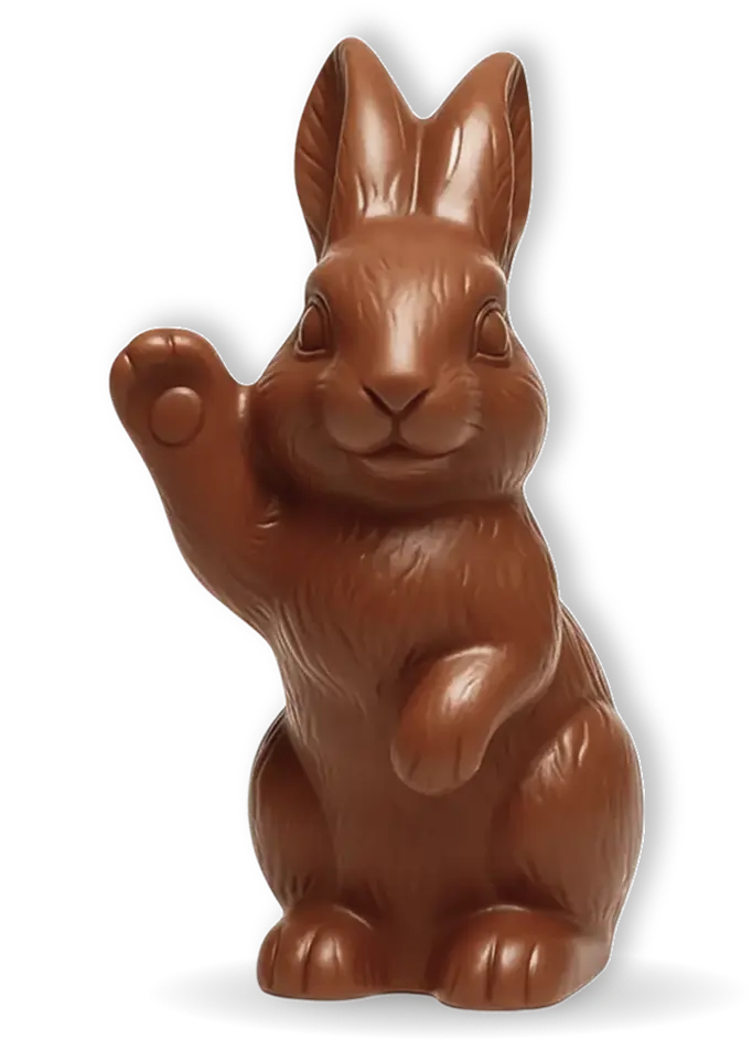 Animated Easter scene with chocolate rabbits, and decorated eggs against a magenta sky background.