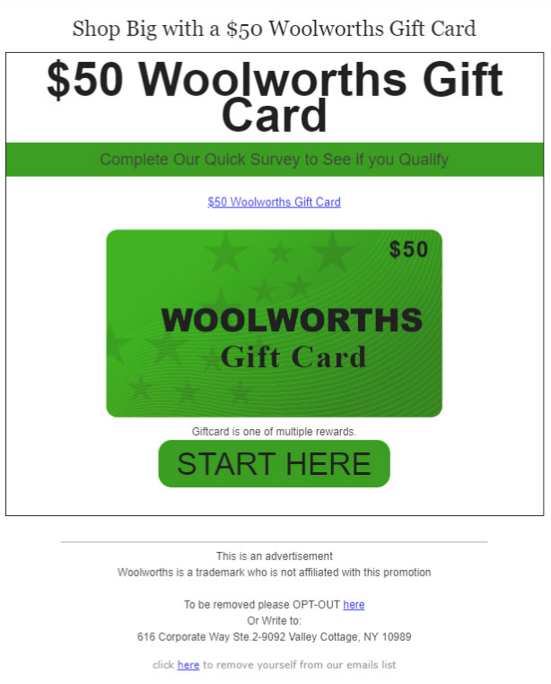 Woolworths gift card scam email reported to ACCC Scamwatch