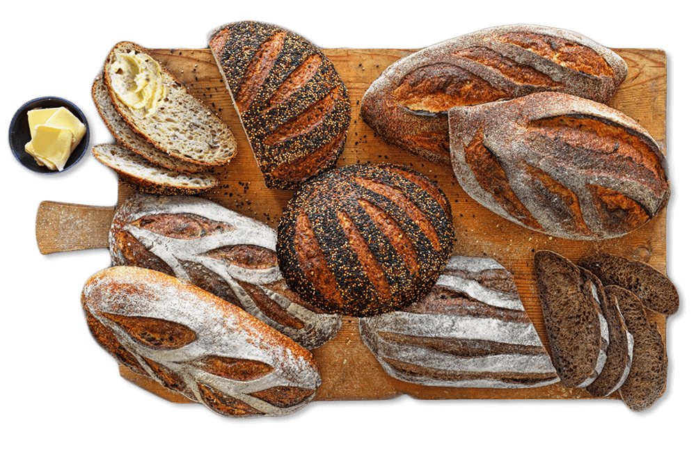 Crafted Bakery range featuring White sourdough loaf, Dark rye sourdough loaf, Riverina olive sourdough loaf and Ancient grains on a chopping board with butter