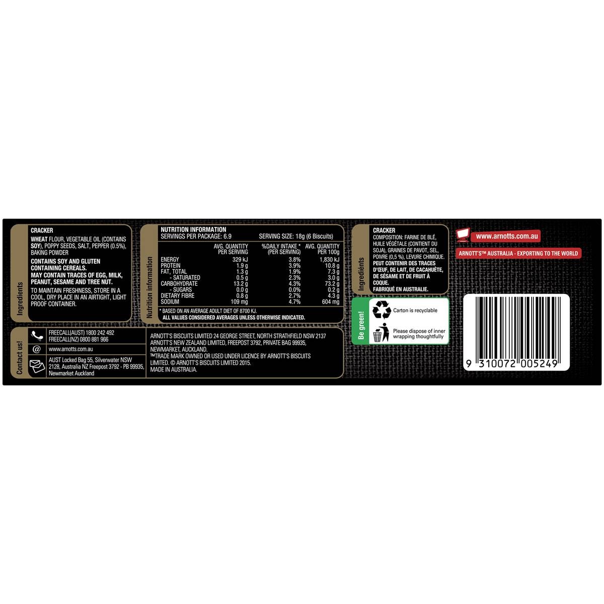 Arnott's Water Cracker Cracked Pepper 125g Woolworths