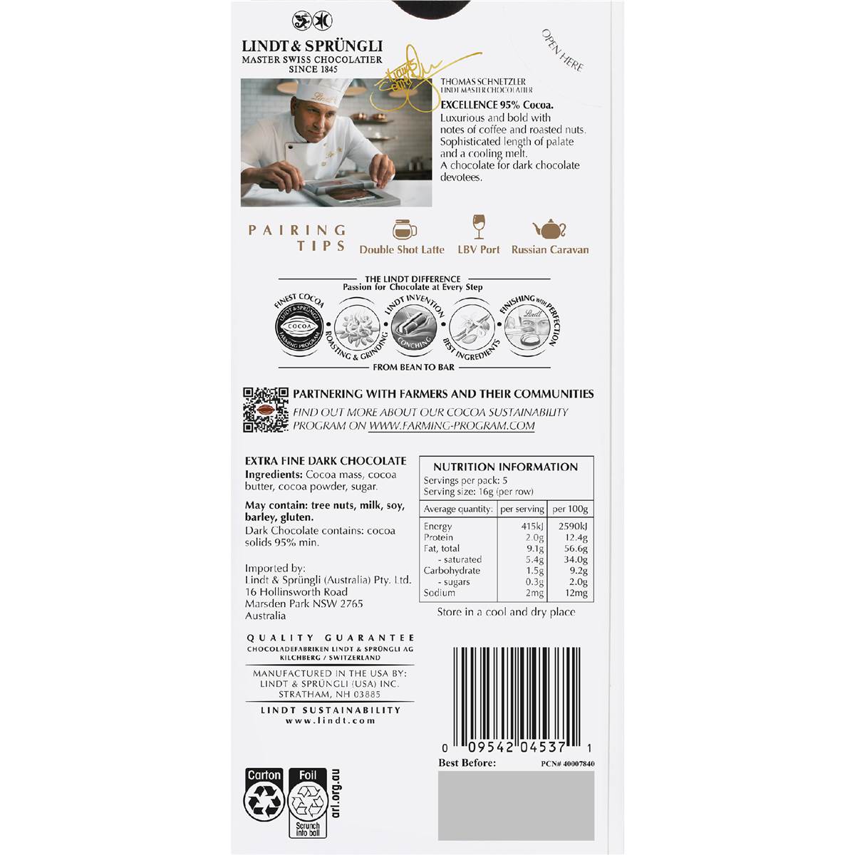 Lindt Excellence 95 Cocoa Dark Chocolate Block 80g Woolworths