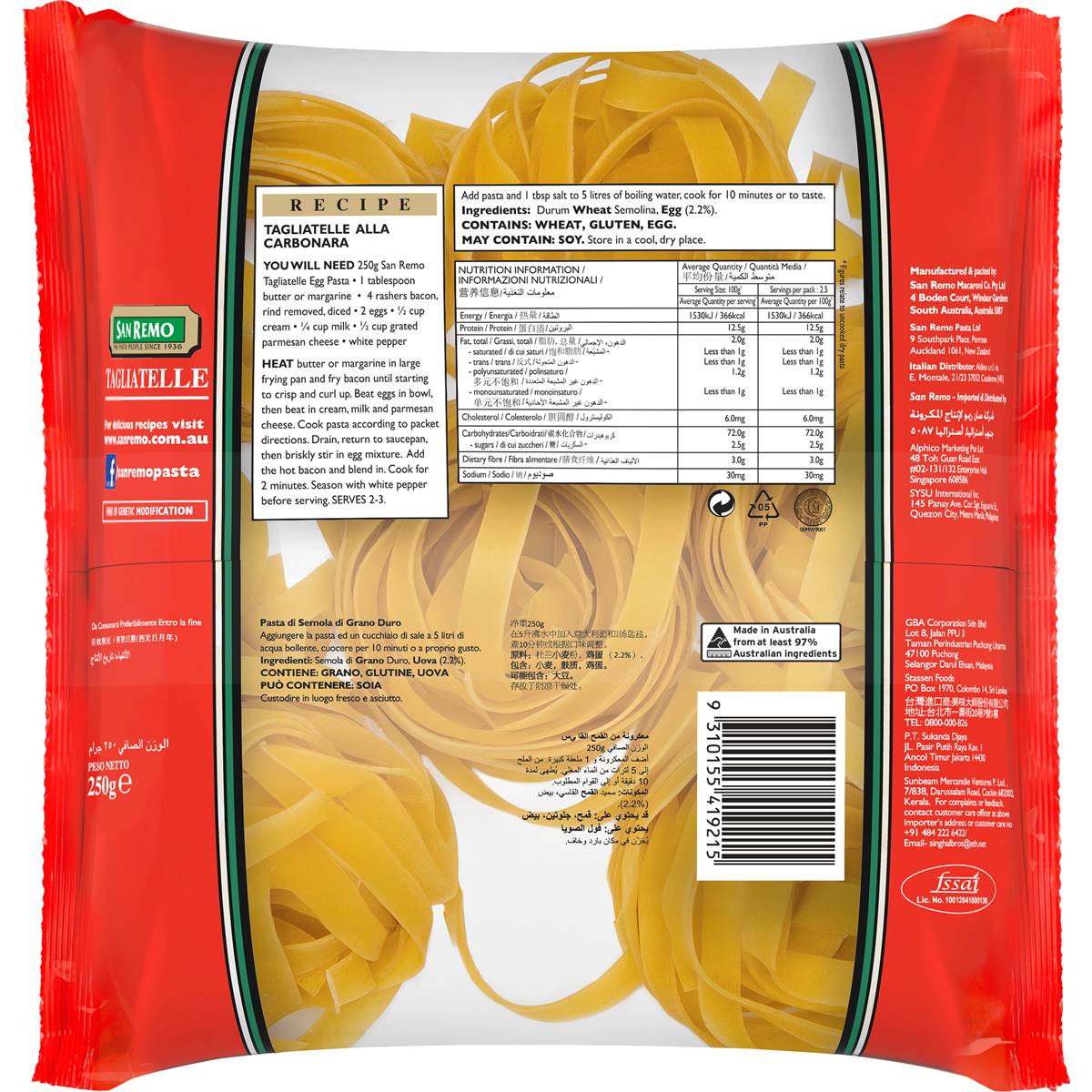 San Remo Tagliatelle Egg Noodle Pasta 250g Woolworths