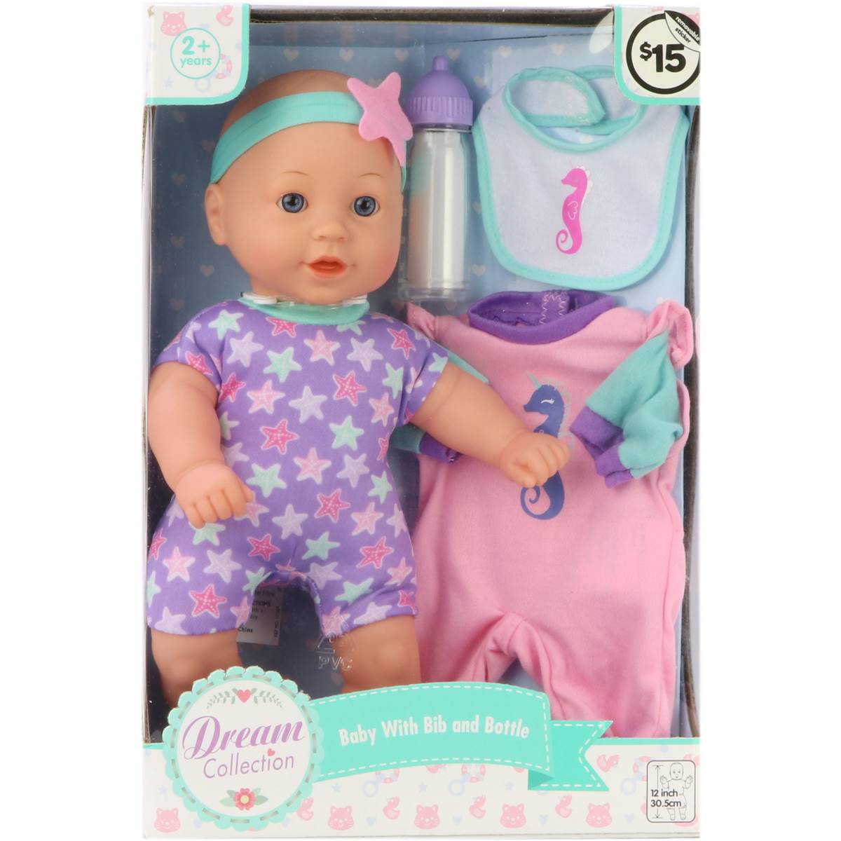 Dream Collection Baby With Bib And Bottle 30cm Each | Woolworths