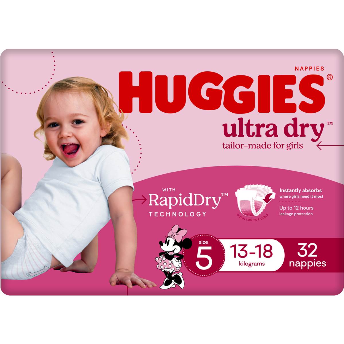 Huggies Ultra Dry Nappies Walker 1318kg Girl 32pk bulk Woolworths