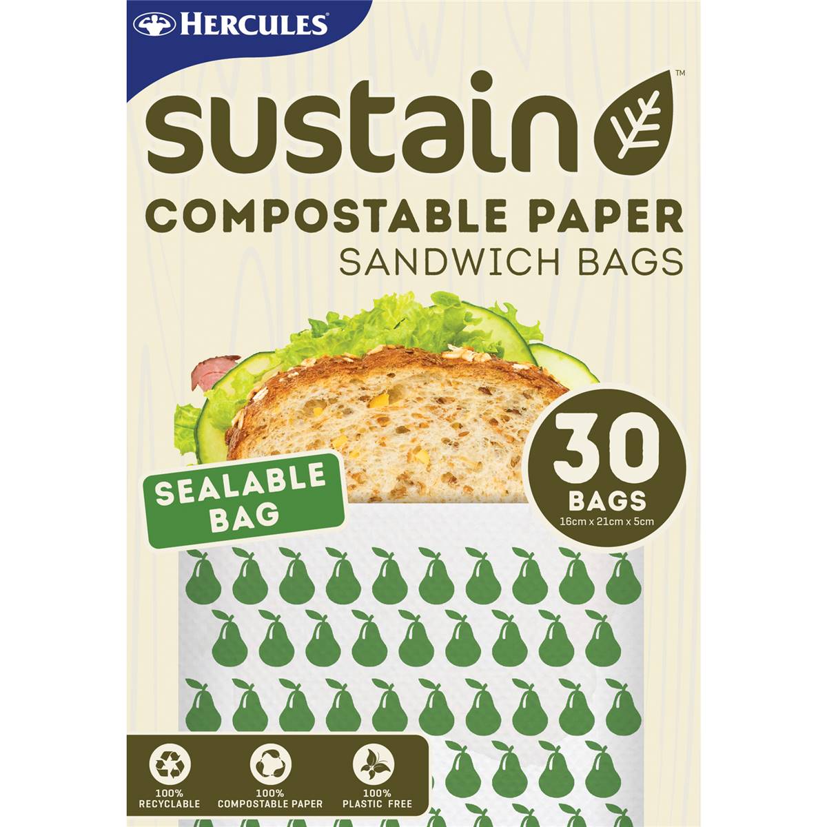 Hercules Sustain Compostable Paper Sandwich Sealable Bags 30 Pack