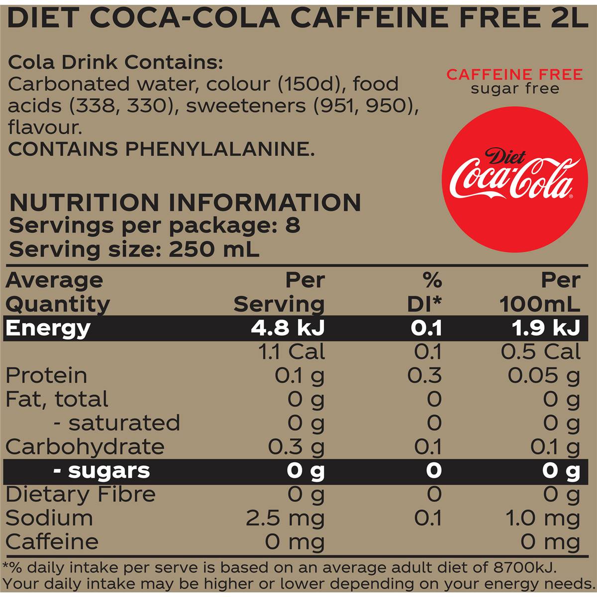 Cocacola Diet Caffeine Free Bottle 2l Woolworths