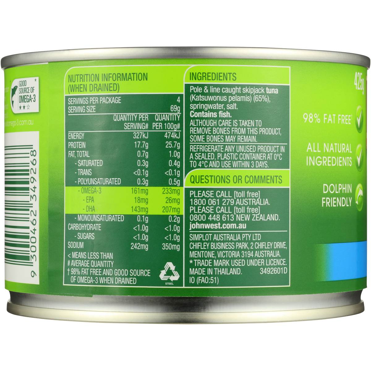 John West Tuna Light In Springwater 425g Woolworths