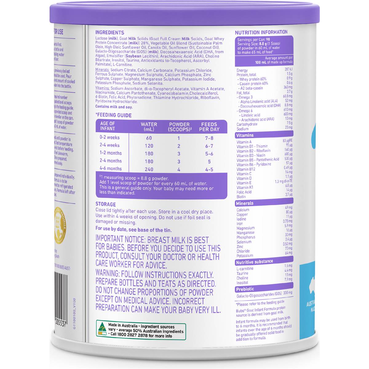 Bubs Goat Infant Formula Stage 1 800g Woolworths