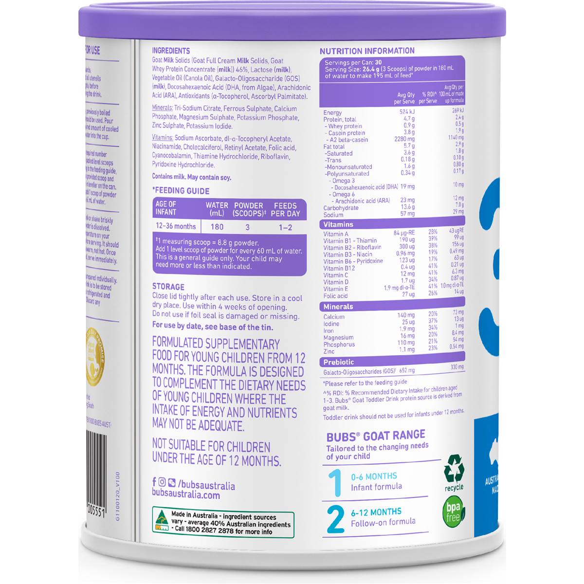 Bubs Goat Formula Stage 3 800g Woolworths