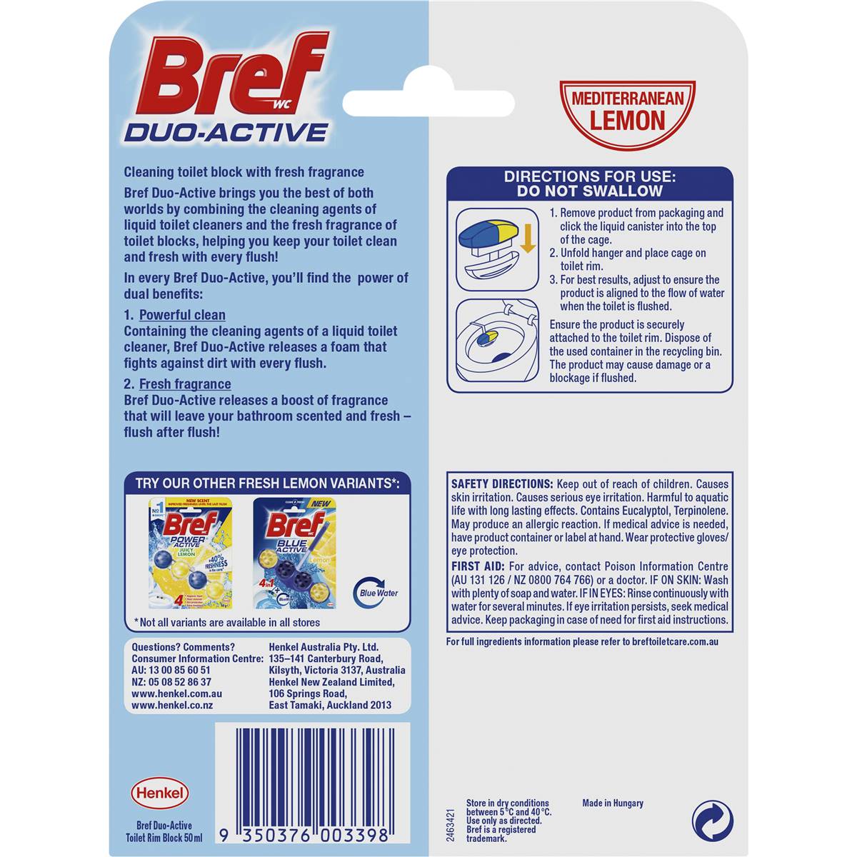 Bref Duo Active Toilet Cleaner Block Liquid Lemon 1 Pack Woolworths
