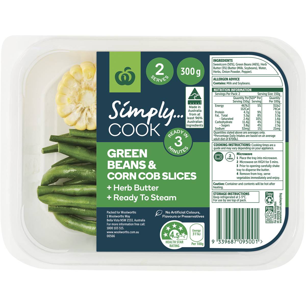 Woolworths Green Beans And Corn Cob Slices With Herb Butter 300g