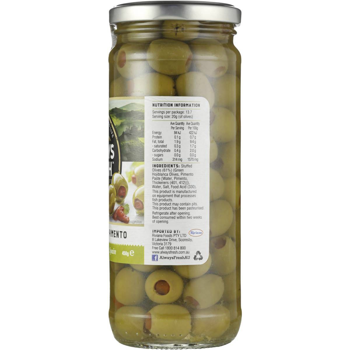 Always Fresh Olives Stuffed Green Pimento 450g Woolworths
