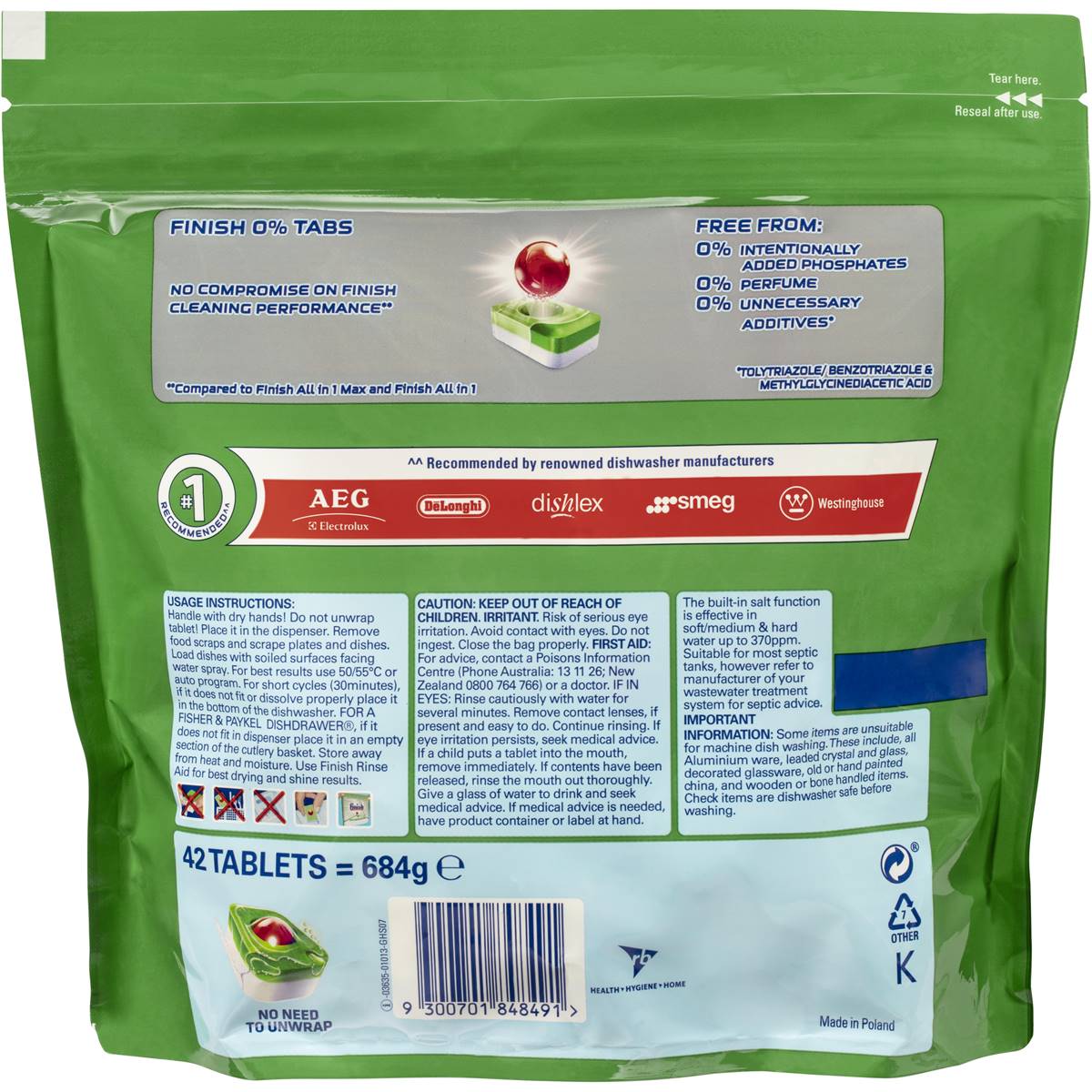 Finish 0 Dishwasher Tablets 42 Pack Woolworths