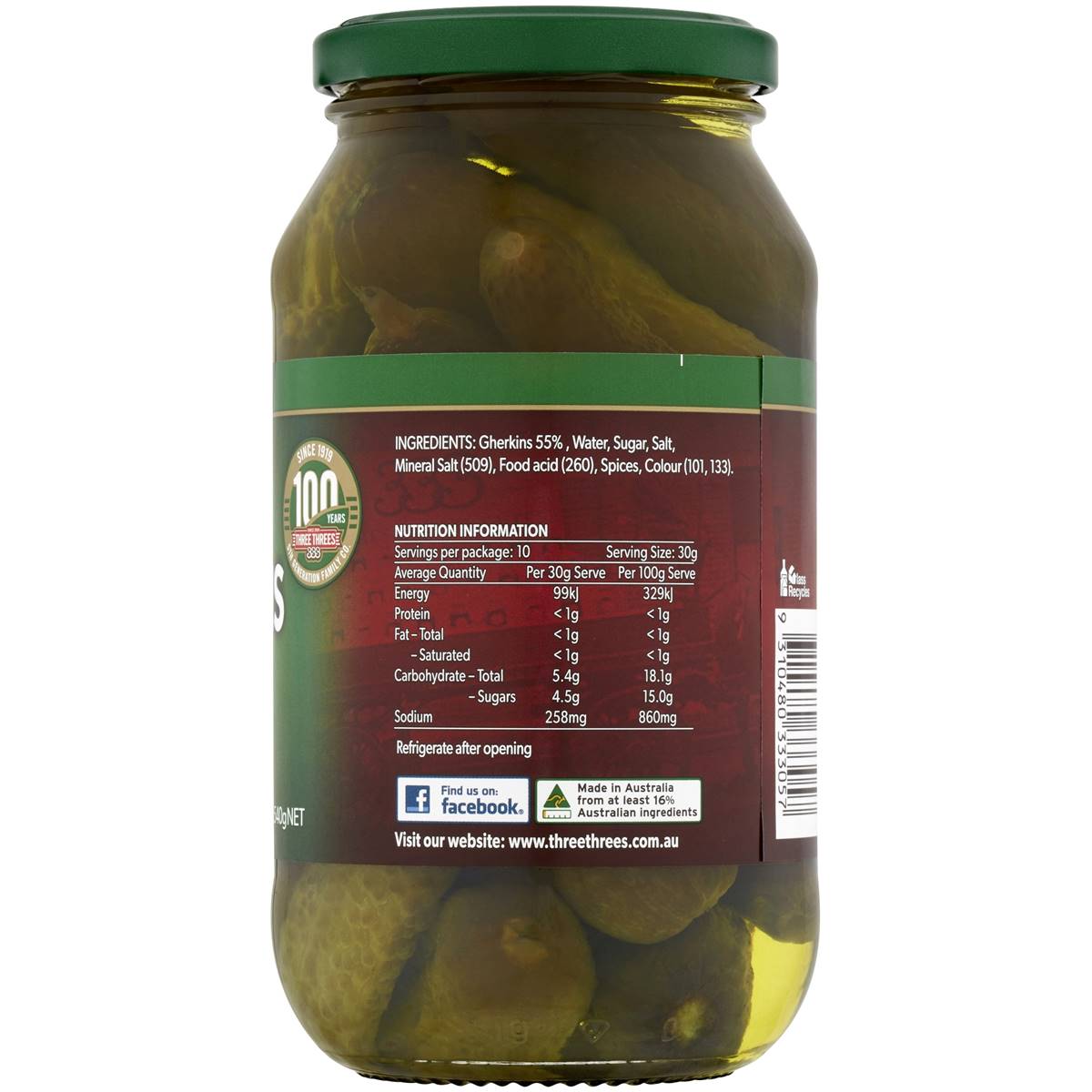 Three Threes Gherkins Sweet Spiced 540g Woolworths