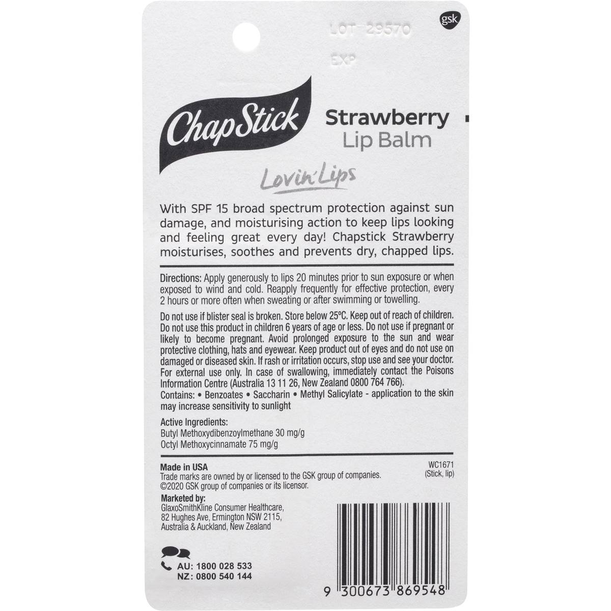 Chapstick Strawberry Lip Balm With Spf 15+ Sunscreen 4.2g Woolworths