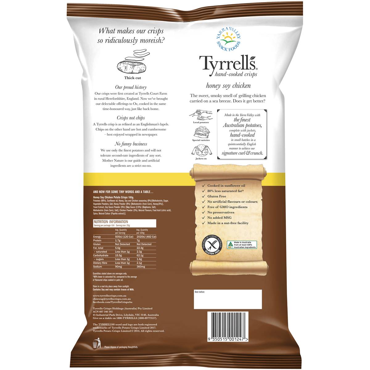 Tyrrell's Hand Cooked Crisps Honey Soy Chicken 165g Woolworths