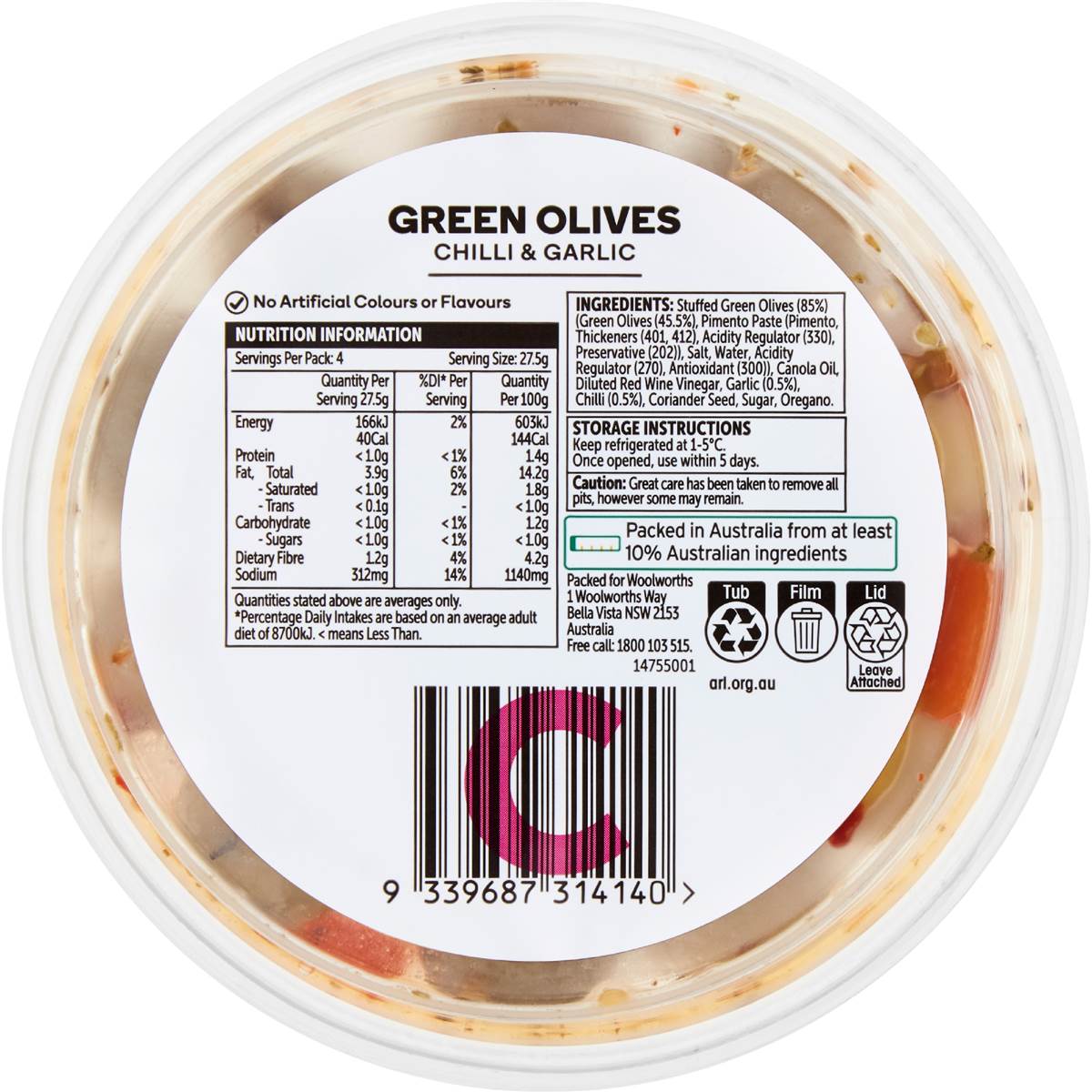 Woolworths Green Olives With Chilli & Garlic 110g Woolworths