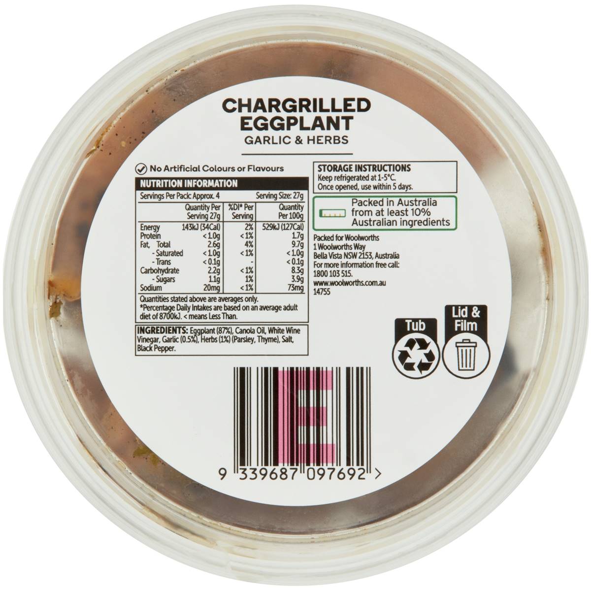 Woolworths Chargrilled Eggplant 120g Woolworths