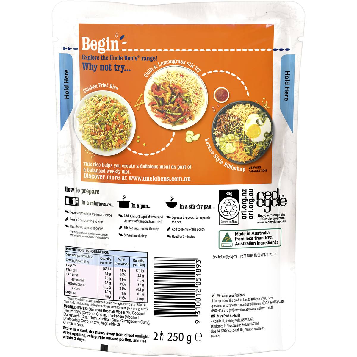 Uncle Ben's Microwave Basmati Coconut Rice Pouch 250g Woolworths