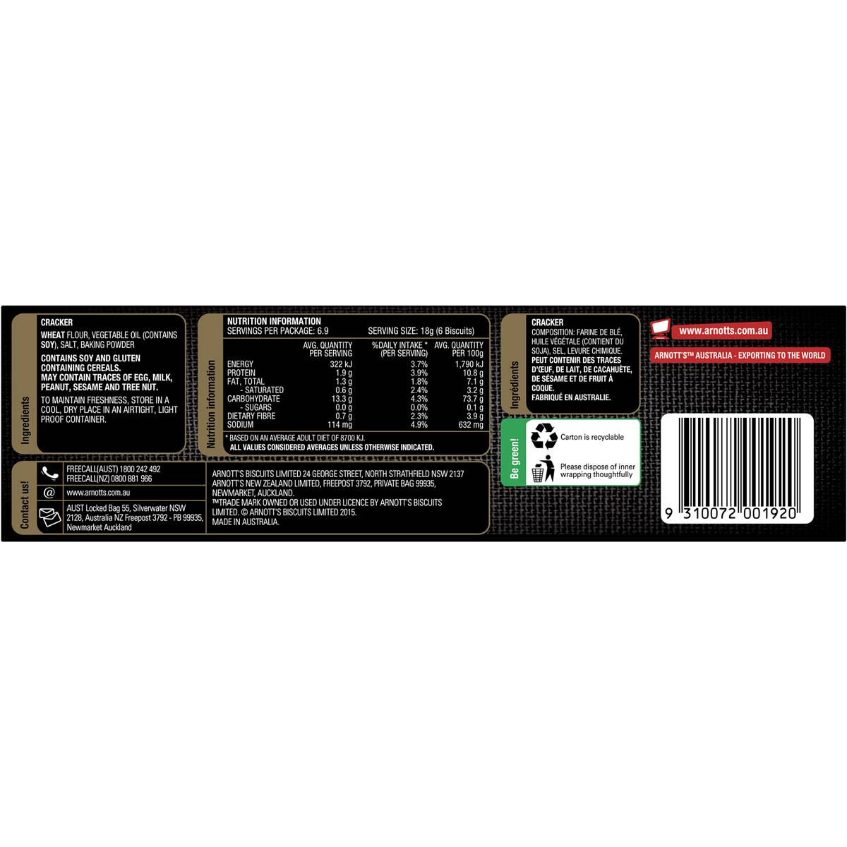 Arnott's Water Cracker Original 125g Woolworths