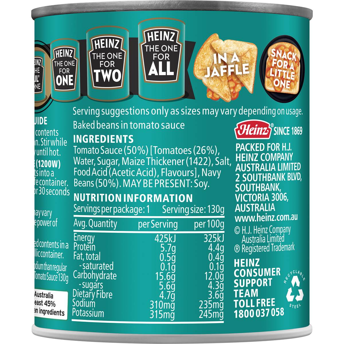Heinz Baked Beans Canned Bean Salt Reduced Breakfast Toast 120g