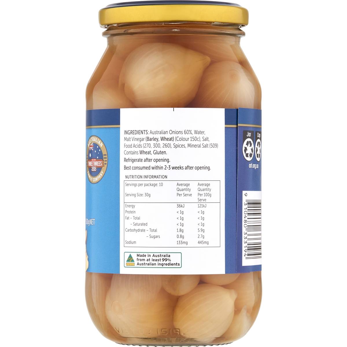 Three Threes Onions Pickled Old Style 500g | Woolworths