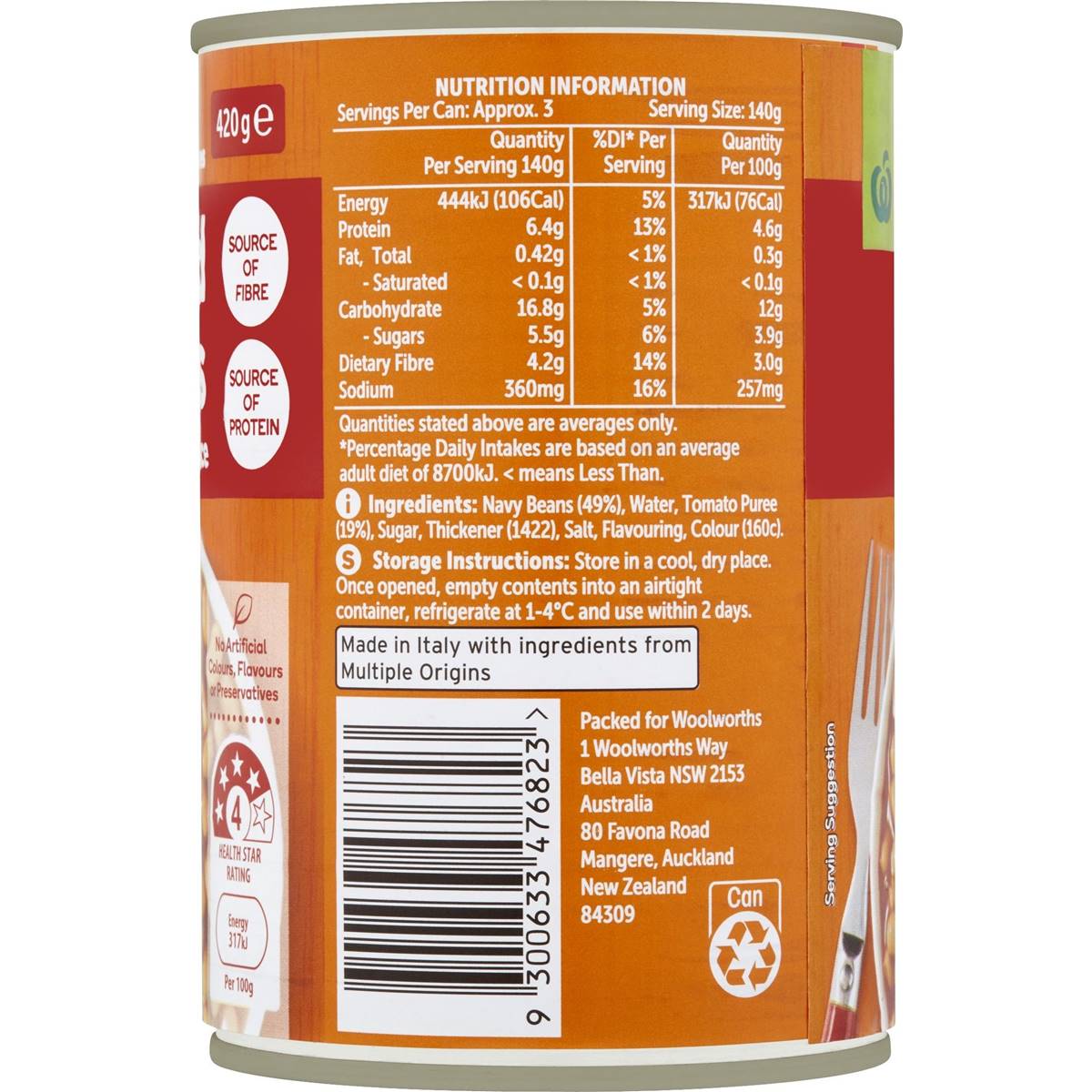 Woolworths Baked Beans In Tomato Sauce 420g Woolworths 8129