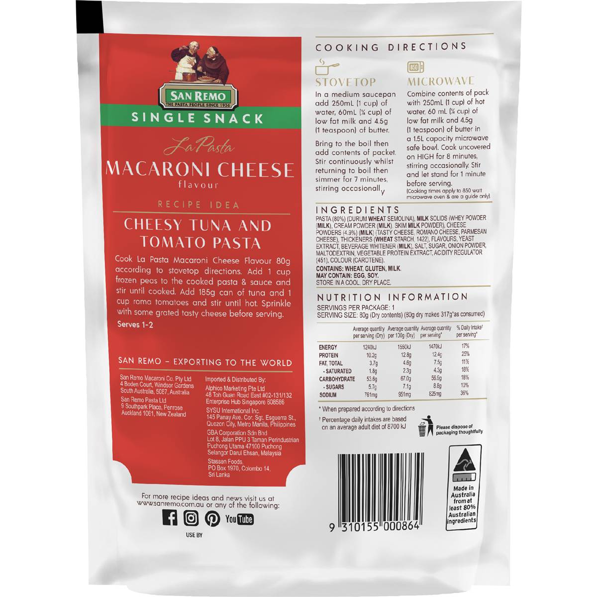 San Remo La Pasta Macaroni Cheese Single Snack 80g Woolworths