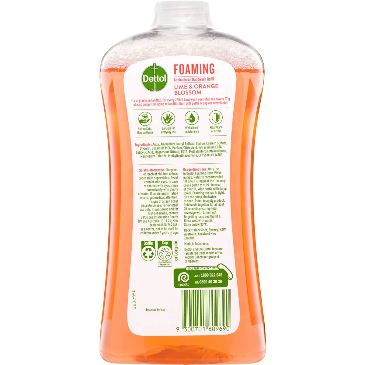 Dettol Antibacterial Foam Handwash Lime And Orange Blossom Refill 900ml