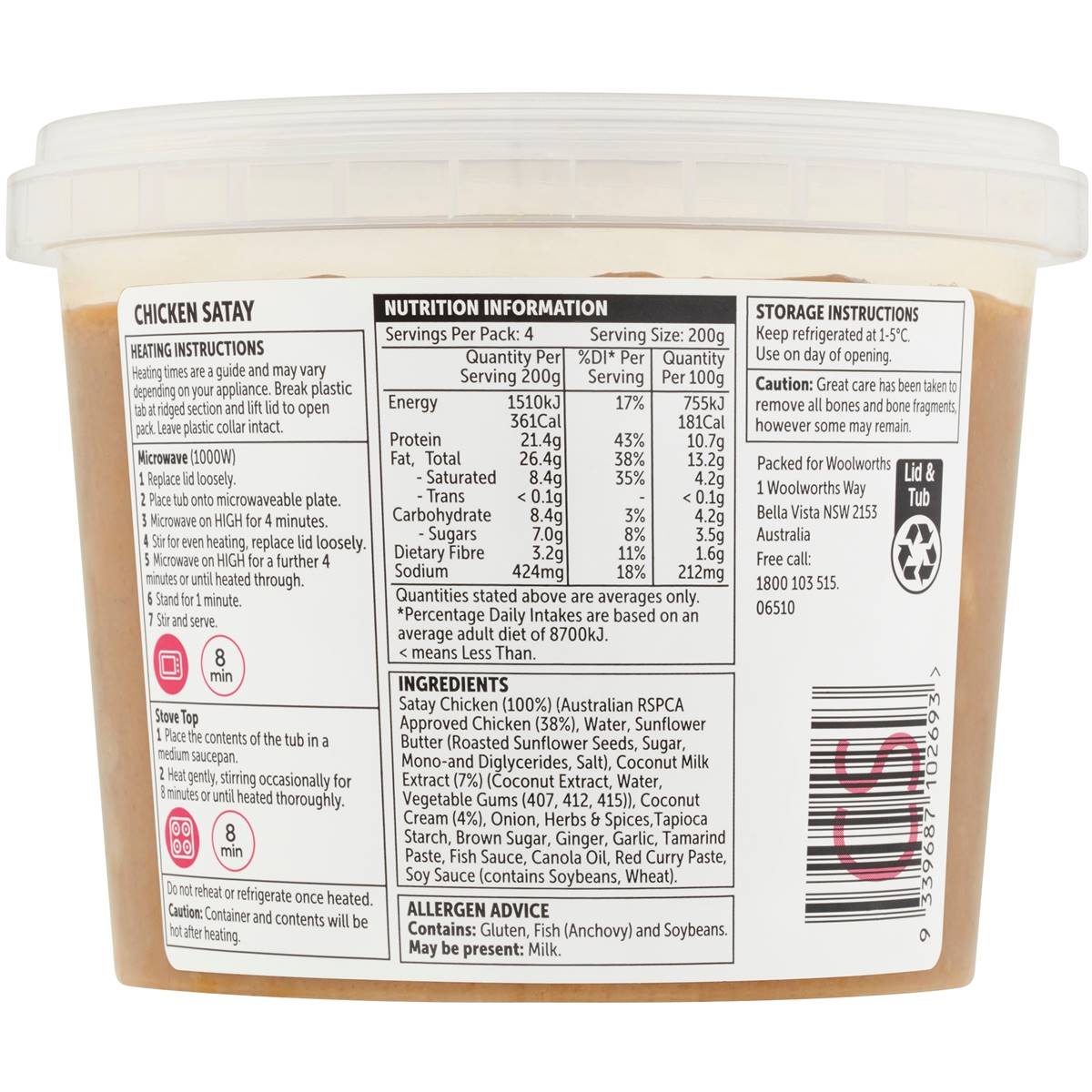 Woolworths Chicken Satay Chilled Meal 800g Woolworths