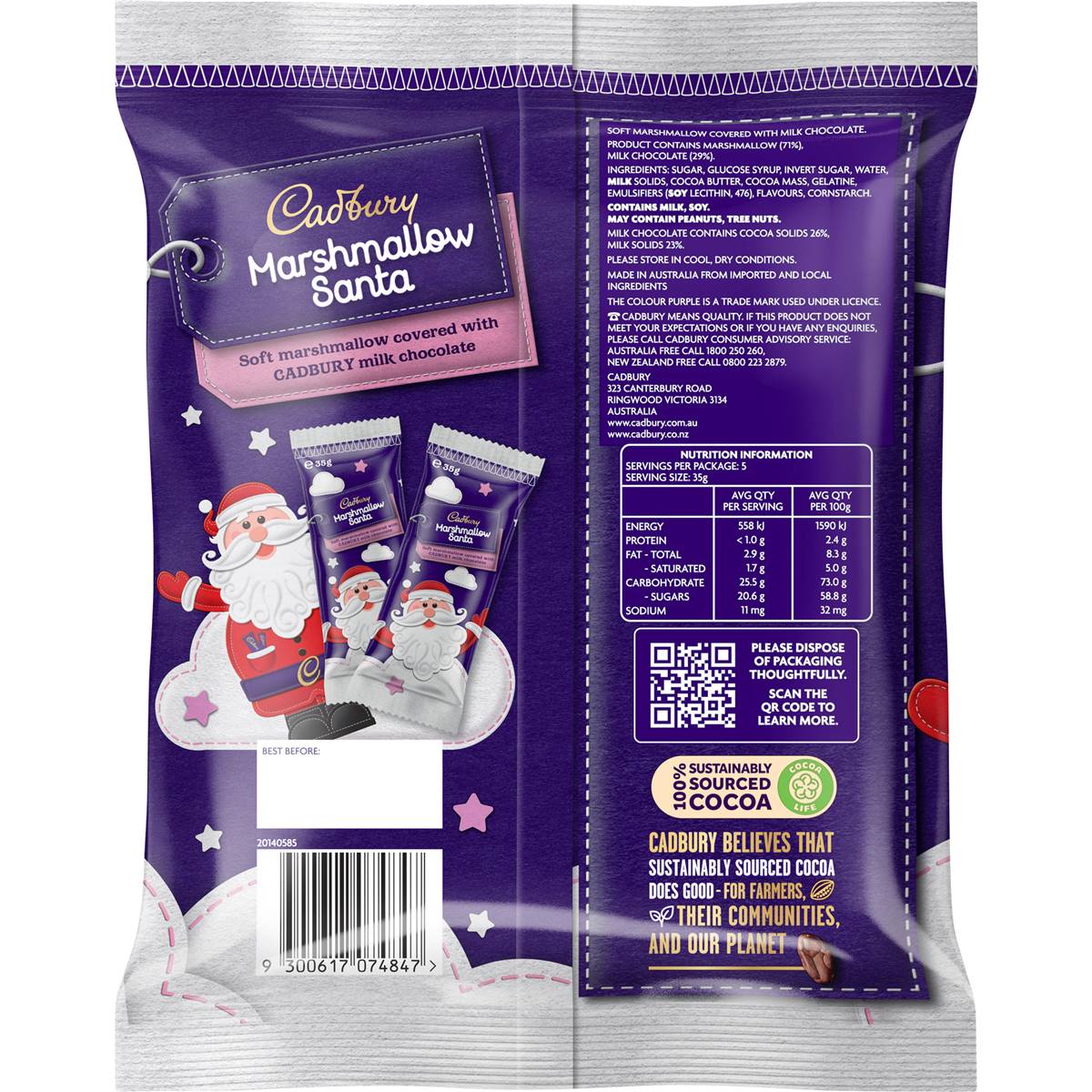 Cadbury Marshmallow Chocolate Christmas Santa 5 Piece Pack 175g Woolworths